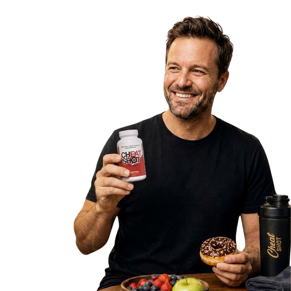 Guy happily eating a donut — the Cheat Shot lifestyle